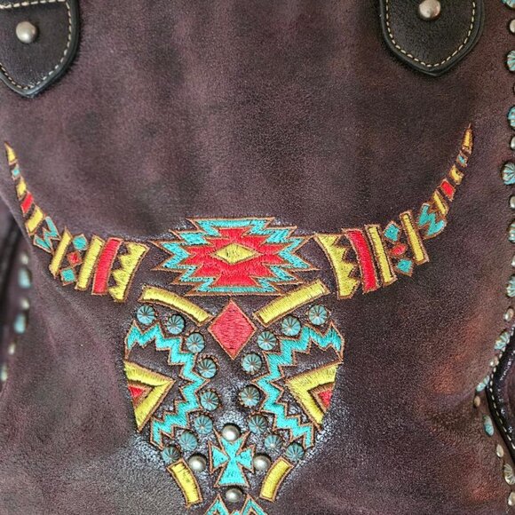 Montana West leather handbag w cowboy inspired embroidery, dark brown. - Picture 2 of 7